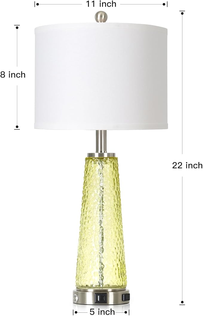 26" Gold Glass Table Lamps for Living Room Set of 2, Modern Bedside Lamp with USB A+C Ports & AC Outlet, Coastal Cracked Glass Nightstand Lamps with 2 LED Night Light for Bedroom End Table Amber Decor