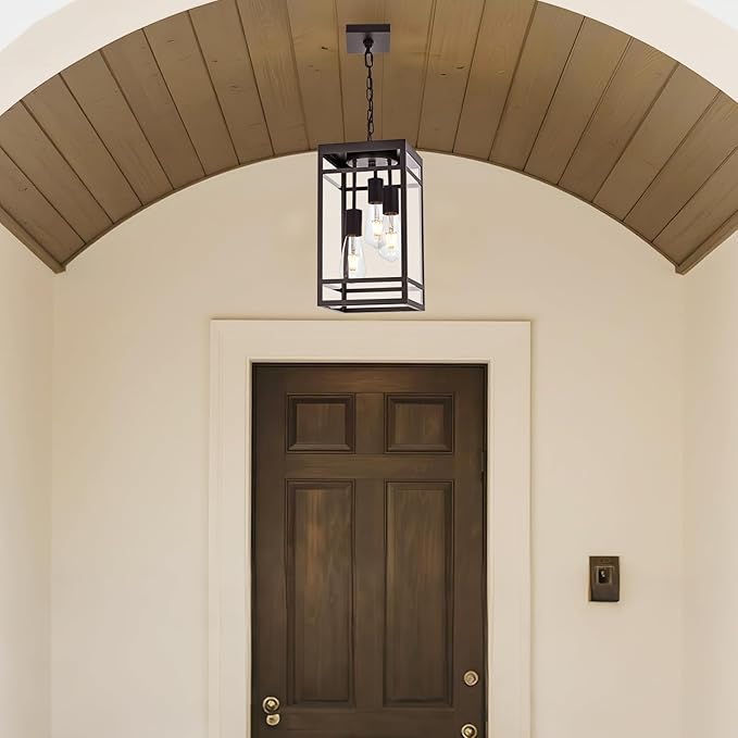3-Light Outdoor Pendant Lights for Porch, Oil Rubbed Bronze Outdoor Chandelier 16'' Exterior Hanging Porch Light Fixtures w/Clear Glass, Waterproof Outside Pendant Lantern for Garage Foyer