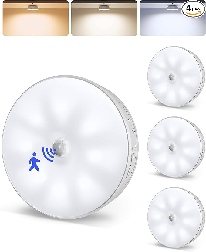EZVALO 4 Pack Motion Sensor Closet Lights, 1200mAh USB-C Rechargeable LED Puck Lights, Under Cabinet Lights, Night Lights, Dimmable, 3 Color Temps, Magnetic, Stick on for Closet, Stairs, Cabinets