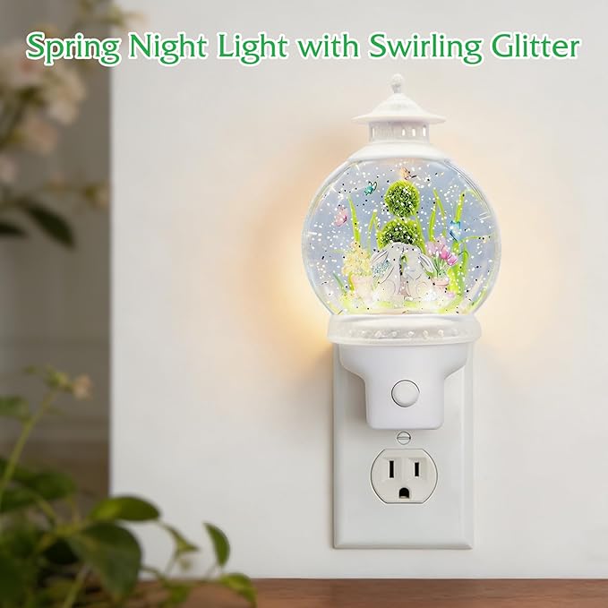 Bunny Night Light Plug-in, Spring Nightlight with Swirling Glitter, Soothing Light Helps Kids Sleep, Rabbit Easter Night Light with USB Cord for Bedroom Nursery Decor Gift