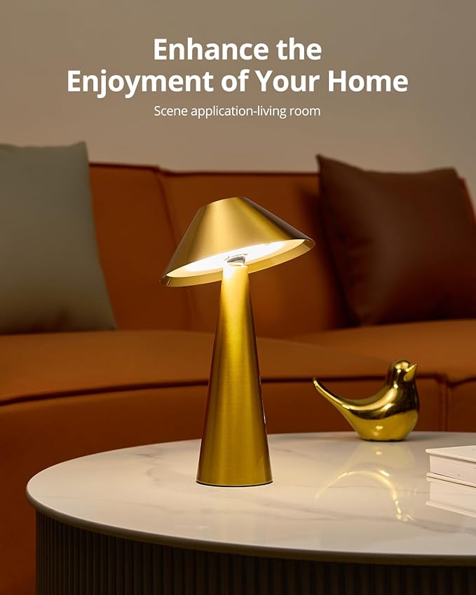 Bojim Rechargeable Cordless Table Lamp, Gold LED Battery Operated Wireless Table Lights, Touch for 3 Color Dimmable, IP54 Waterproof for Restaurant, Dining, Outdoor, Patio, Outside
