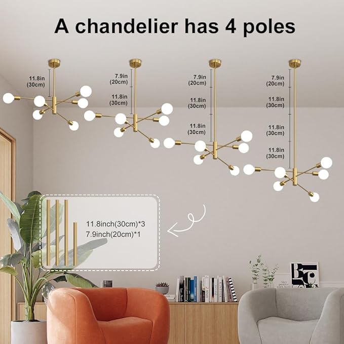Sputnik Chandelier Modern Industrial E26 Gold Chandeliers Mid Century Ceiling Lighting Fixture for Living Room, Kitchen, Bedroom, Dining Room, and Farmhouse