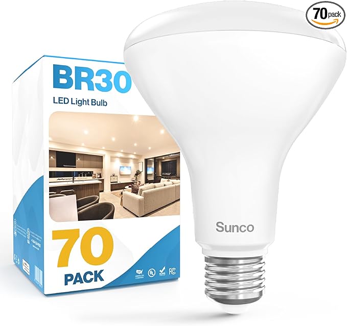Sunco 70 Pack BR30 Light Bulbs LED, Recessed Can Light Bulbs, Indoor Flood Bulb, 850 LM, 11W (65W Equivalent), 6000K Daylight Deluxe, Dimmable, E26 Base, for Home, Kitchen, Bedroom UL.