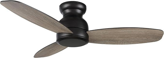 CEME 48 Inch Flush Mount Ceiling Fan without Lights, Black Ceiling Fan with Remote Low Profile, 10-Speed Reversible DC Motor, 3 Dual Finish Blades, Indoor for Bedroom