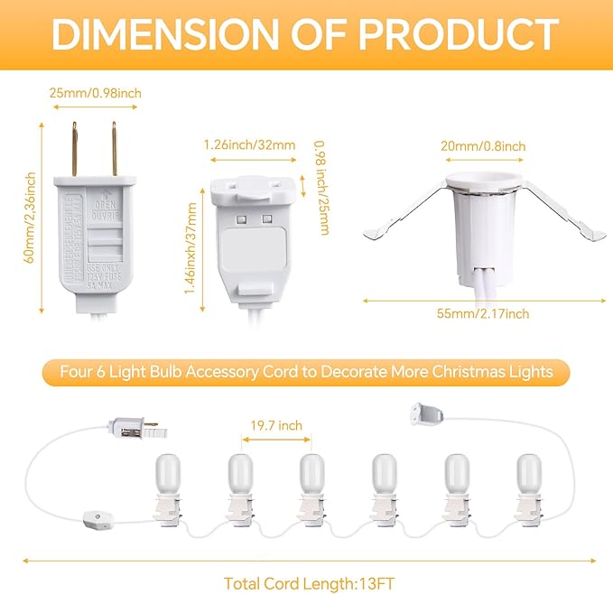 Leelosp 4 Pack Accessory Cord with LED T20 Light Bulb, 13FT Light Cord Blow Mold White Bulb with On/Off Switch Female Plug Clip for Christmas Village Houses Trees Crafts Lamp Holiday
