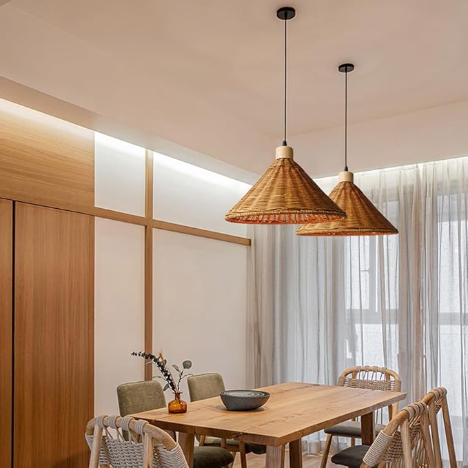 Hanging Light Fixture 13inch Bamboo Pendant Light Boho Hand-Woven Wicker Rattan Pendant Lamp Rustic Chandelier for Over Table Kitchen Island Farmhouse, 1-Light