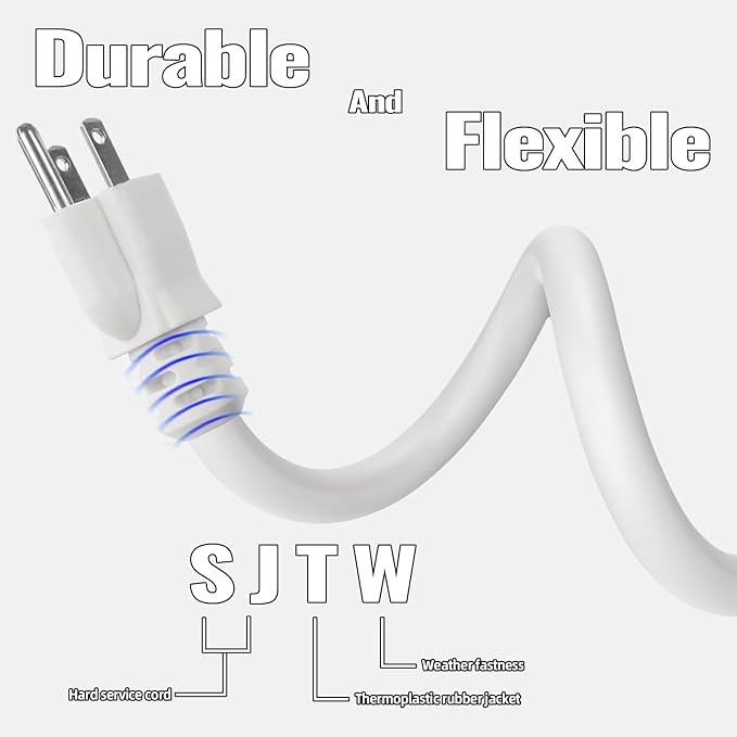 12 Ft Outdoor Extension Cord - 12/3 SJTW Heavy Duty White Extension Cable with 3 Prong Grounded Plug - Power Cord for Lawn, Garden, Appliances