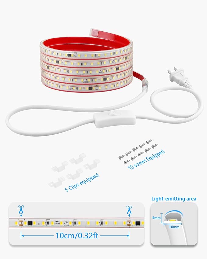 2M LED Strip Lights for Bedroom with Self-Adhesive AC 110V-120V Warm White 3000K Waterproof Outdoor Flexible LED Rope Light Super Bright Plug in With Switch 2835 120LED/M Tape Light for Home Decor