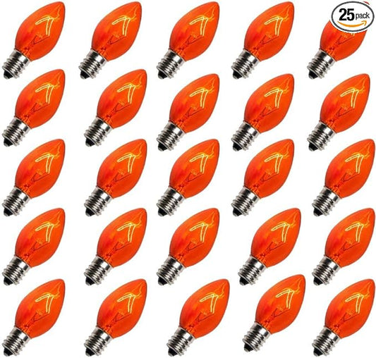 25 Pack C7 Orange Halloween Replacement Bulbs C7 Clear Outdoor String Light Replacement Bulbs, C7/E12 Candelabra Base, 5 Watt