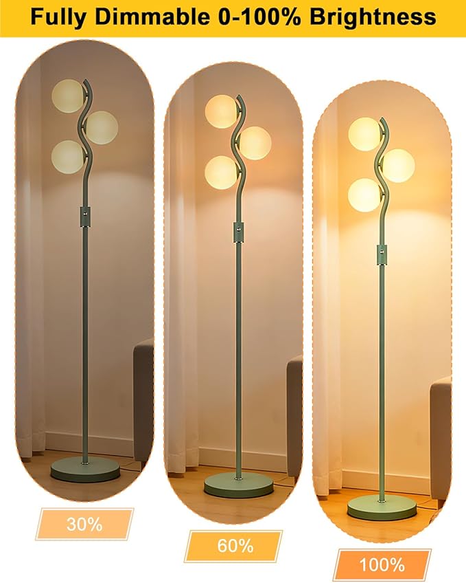 Lightdot 60IN Green Floor Lamp Stepless Dimmable Globe Floor Lamps with 3Pcs 3000K G9 Bulbs Eye-Friendly Mid Century Standing Lamps with Stable Base for Living Room/Bedroom/Corner