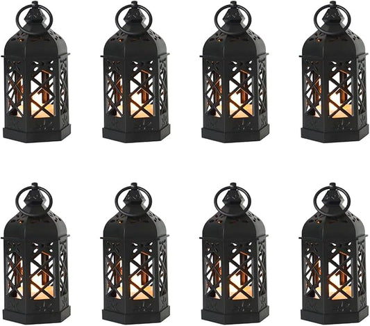 8-Pack Mini Lanterns with Flickering LED Candles for Ramadan, Moroccan Decorative Hanging Lanterns for Halloween, Christmas, Wedding, Black Lantern for Table Centerpiece, Home & Party Decor