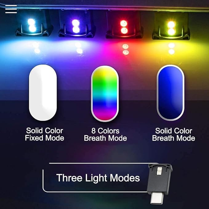 AOZITA Mini USB Type C LED RGB Light Brightness Adjustable 8 Color Changeable for Car, Laptop, Keyboard. Atmosphere Smart Type-C Night Lamp for Home Decoration (Quantity: 2)