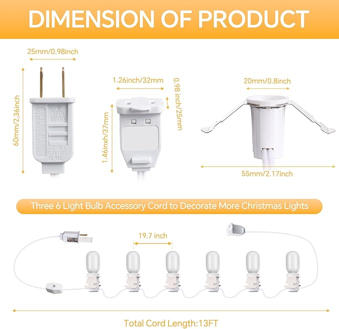 Leelosp 3 Pack Accessory Cord with LED T20 Light Bulb, 13FT Light Cord Blow Mold White Bulb with On/Off Switch Female Plug Clip for Christmas Village Houses Trees Crafts Lamp Holiday