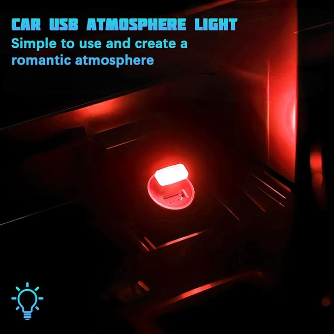 4PCS/Set USB LED Car Interior Atmosphere Lamp, Portable Mini Vehicle LED Night Light, Plug-in USB Interface Automotive Interior Ambient Lighting Kit Accessories, Universal Fit (Red)