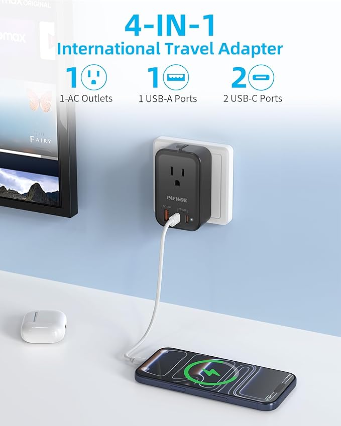 Travel Adapter PD 20W, Mini Universal Travel Adapter with 1 AC Outlet and USB Fast Charging, Ultra Thin International Plug Adaptor for US to European UK Italy Spain New Zealand (Type C G A I)