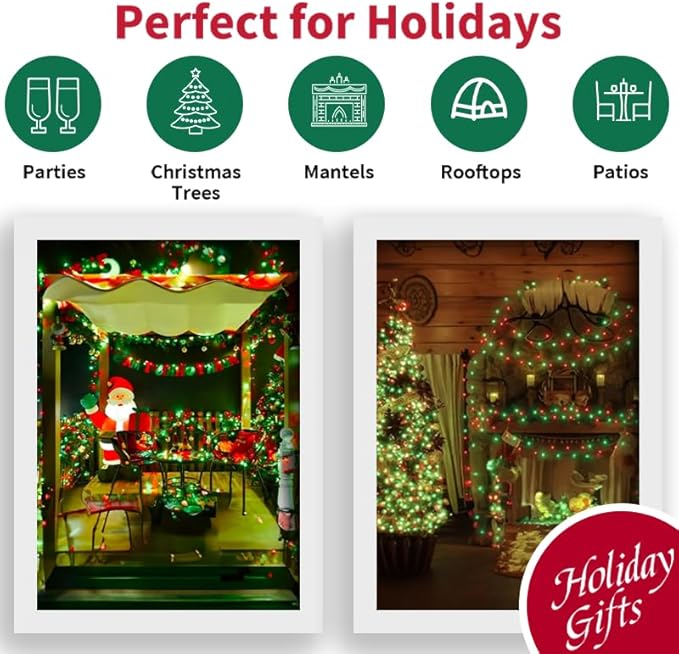 LAMPHOME 50 LED Outdoor Christmas Lights, 16 FT Mini String Light with 9 Modes & 6 Hour Timer, Waterproof Battery Operated for Indoor Outdoor Patio Garden Party Tree Decoration, Red Green