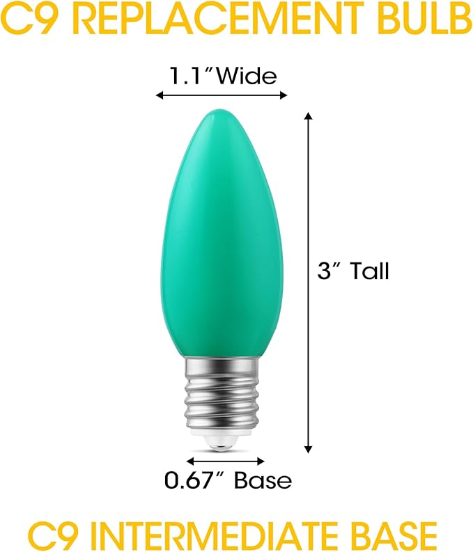 25-Pack Ceramic C9 Christmas Light Bulbs, Green LED Light Bulbs Holiday Decoration, Green Christmas Decor for Indoor & Outdoor Use, E17/C9 Intermediate Base