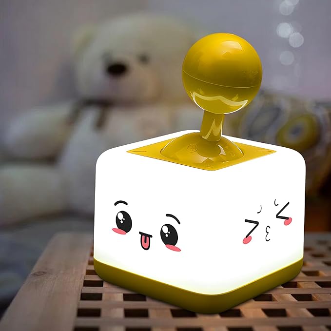 Rocker Night Light Lamp, 2-Speed Timer Bedside Lamp Rechargeable USB LED Companion Light with Joystick Design, DIY Emoji Stickers, 30-Minute Timer, Side Table Light for Bedroom (Yellow)