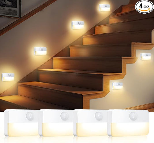 AMIR 4 Pack Mini Motion Sensor Stair Light for Indoor, Battery-Powered LED Night Light, 40 Lumen 3000K, Cordless Closet Lights, Safe Lights for Stairs, Hallway, Bathroom, Kitchen, Cabinet