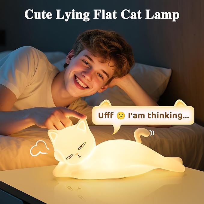 Lying Flat Cat Lamp Funny Gifts, 16 Colors+5 Dimming+Silicone Random Stuff, Touch+Remote+Recharge Night Light for Kids, Cool Lamp Unique Lamps Cute Weird Stuff, Cat Gifts for Teen Girls/Adults/Kids
