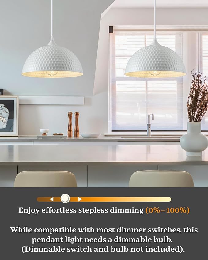Hammered White Dome Pendant Light 2 Pack, White and Gold Pendant Lights,12 Inch Metal Industrial Pendant Light, Kitchen Island Pendant Lights for Kitchen, Dining Room, Bar