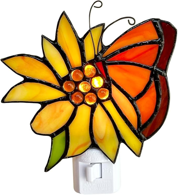Stained Glass Butterfly Night Light.Butterfly Night Light Bedroom Bed Light Gifts from Nature,Nature Night Light.DYM1001 (Flower Butterfly)
