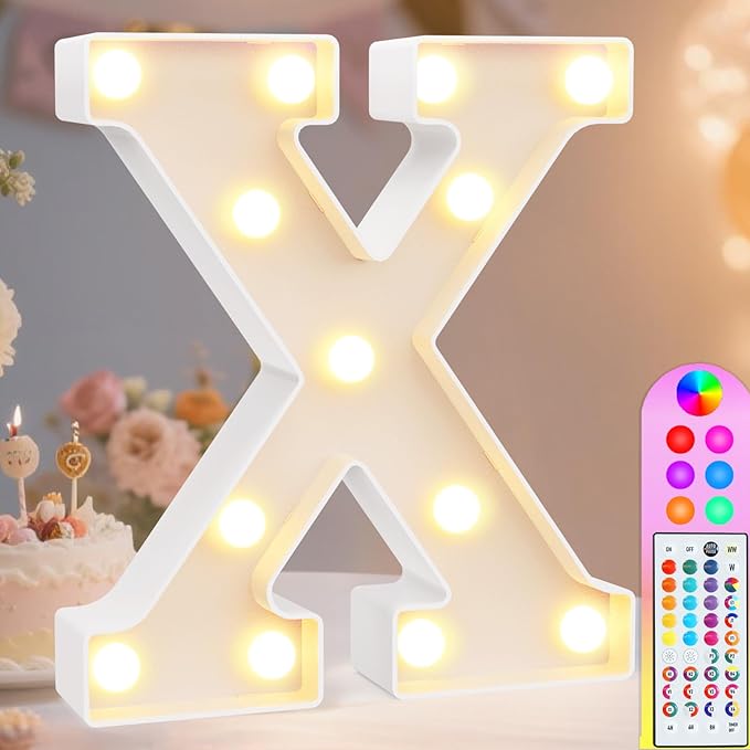 Pooqla Colorful Light Up Letters with Remote, Upgraded 35 Colors LED Marquee Letters, RGB Lighted Letter for Girls Teenager Gift, Birthday, Party, Wedding, Night Light, Room, Bedroom Decor, Letter X