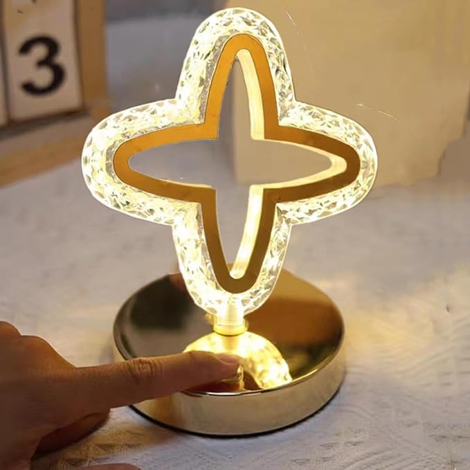 Crystal Table Lamp, Touch Control Nightstand Light with 3Color Temperature, USB Rechargeable Bedside Light for Bedroom Living Room Desktop Bar Cafe Office Indoor Decoration(Four Leaf Clover)