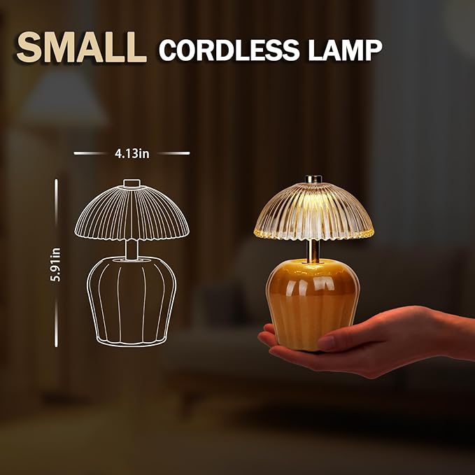 MJ PREMIER Small Cordless Lamp, Battery Operated Lamp with Timer, Mini Crystal Glass Mushroom Lampshade, Cute Small Table Lamps, Decorative Led Light for Bedroom Living Room Shelf (Brown)