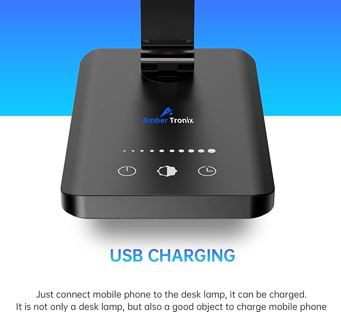 Ambertronix LED Desk Lamp with USB Charging Port, Dimmable Eye-Caring Reading Desk Light for Home, with 5 Brightness Level & 3 Lighting Modes, Touch Control, Auto Timer (Black)