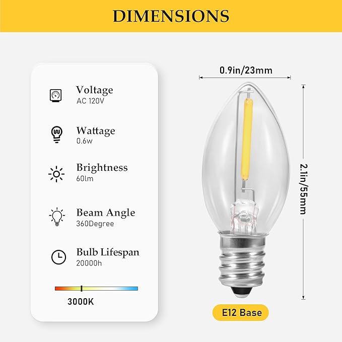 2 Pack Halloween C7 Accessory Cord with Light Bulb, E12 Light Socket Cord with On/Off Switch Plug, C7 Candelabra Light Bulbs for Christmas Village House, Pumpkin Lights, Holiday Decorations