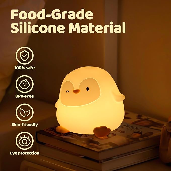 Penguin Silicone Night Light, Tap Control Dimmable Soft Nightlight with 30-Min Timer, 50H/12H Long Battery Life, Portable Bedroom Lamp for Baby Kids Toddler Girls, Gift for Easter