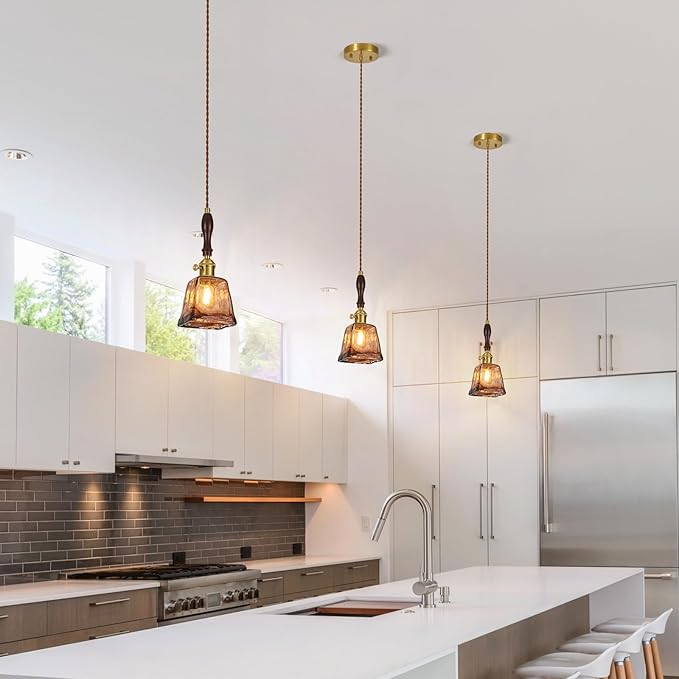 Amber Glass Vintage Pendant Light Height Adjustable Handmade Glass Pendant Lights Kitchen Island Gold Hanging Light Fixture with Wood Handle for Bedroom Dining Room Hotel (1 Pack)