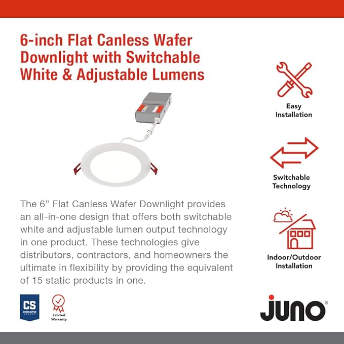 Juno LED Recessed Lights 6 Inch Round Baffle Wafer Downlight, 5-in-1 Switchable White Color Temperature, Adjustable Brightness, 120 Volts, 6-Inch Flat Trim, 6 Pack, Matte White