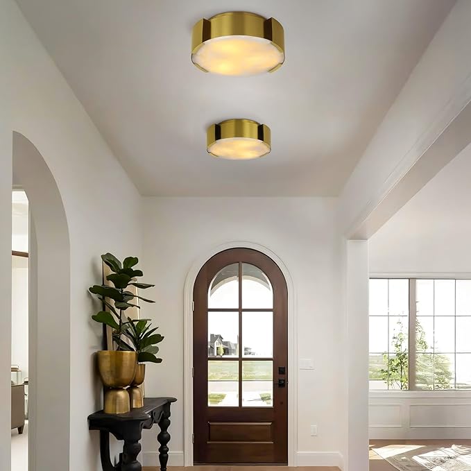 Modern Alabaster Ceiling Light,14.17in Gold Round Alabaster Flush Mount Ceiling Lights,Hardwired Natural Marble Kitchen Lighting Fixtures Ceiling for Bedroom,Dining,Living Room,Foyer,E12 Bulb Included