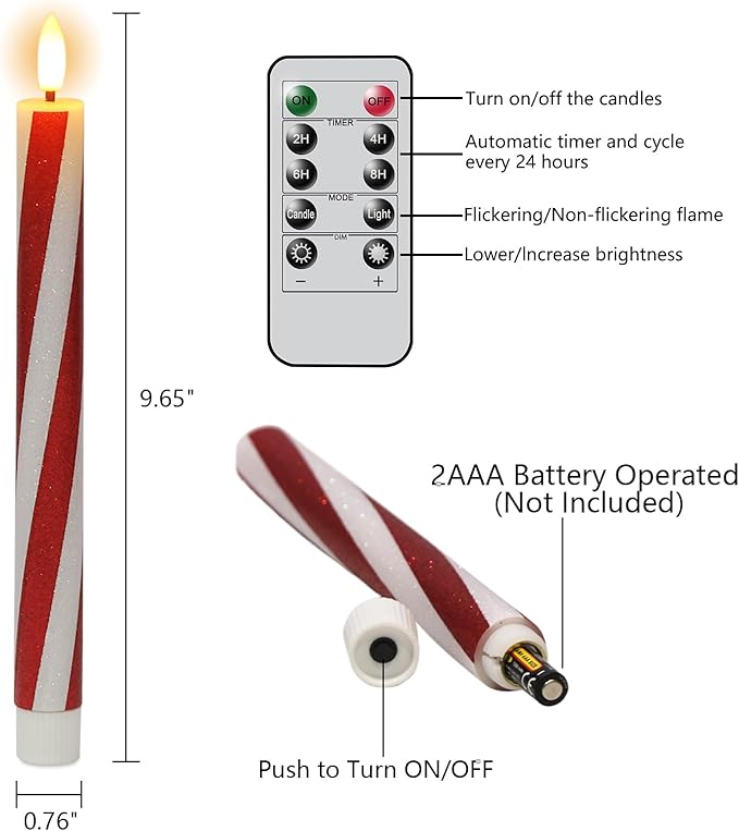 DRomance Christmas Flameless Taper Candles Flickering Battery Operated with Remote Timer, 2 Pack Real Wax 3D Wick LED Taper Candles Candy Cane Decals Holiday Indoor Dinner Decor(0.76" D x 9.65" H)