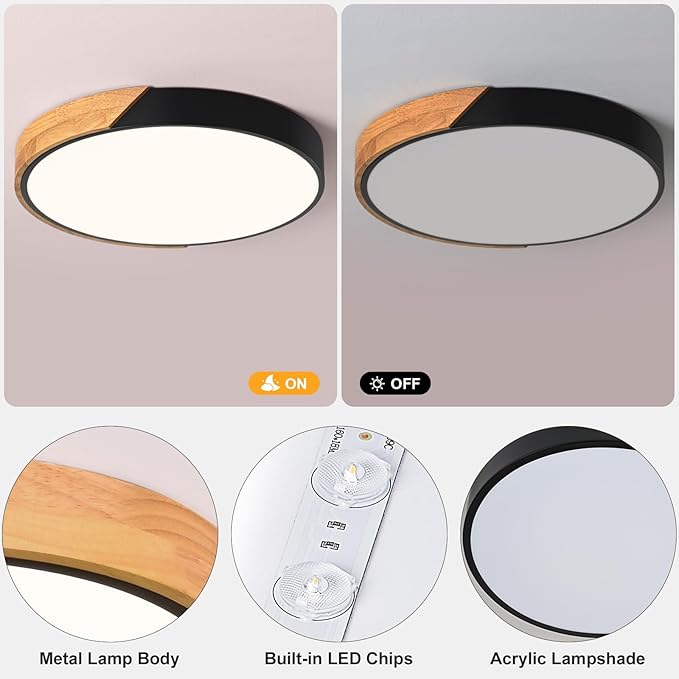 Vikaey Modern LED Ceiling Light, Minimalist Wood Flush Mount Ceiling Light Fixture, 4000K Not Dimmable, Circle Lighting Lamp with Acrylic Lampshade for Bedroom Dining Room Laundry (Black,15.8")