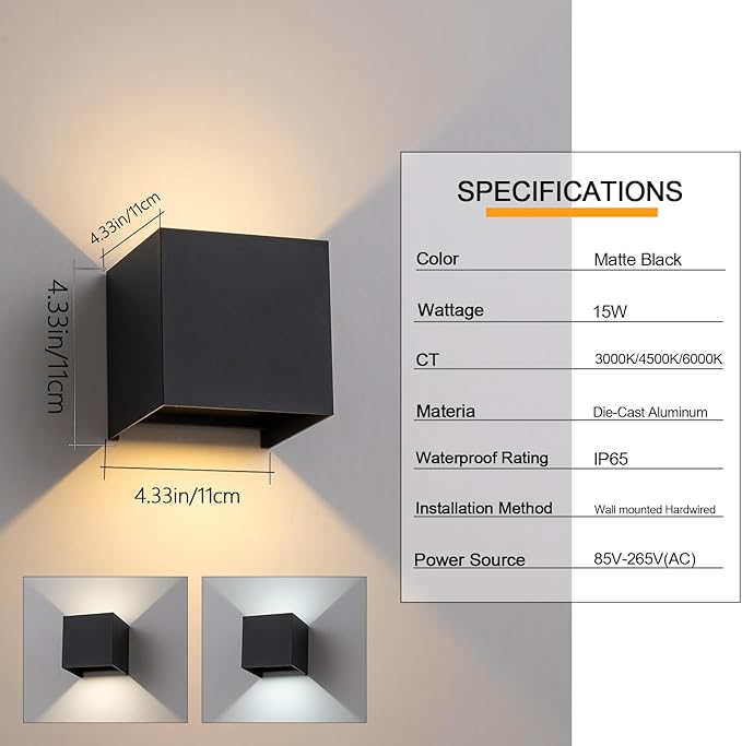 2 Pack LED Outdoor Wall Light Exterior/Interior,Modern Black Square Aluminum Up Down Light Outdoor Set,Variable Beam IP65 Waterproof Lights.15W 3-Color-Changeable Outside Exterior Lighting Fixtures.