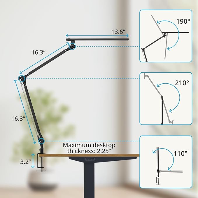 UPLIFTDESK E7 LED Desk Lamp - Adjustable 3 Color Modes, Dimmable Home Office Desk Light for Standing Desk, Dual Monitors, Aluminum Task Lamp (Black Base)
