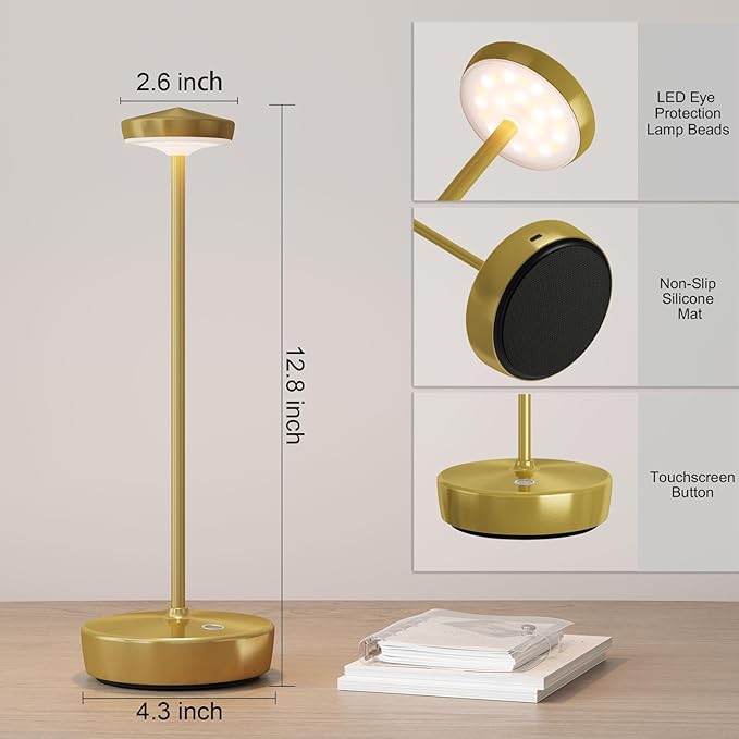 Rechargeable Cordless Table Lamps,5000mAh LED Outdoor Table Light with Memory Function,Portable IP54 Waterproof Battery Operated Light for Patio,Restaurant,Bedside(Gold)
