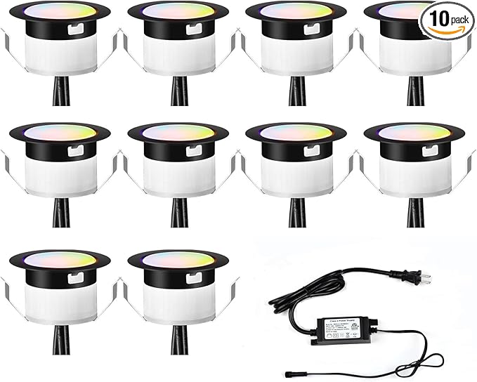 FVTLED WiFi LED Deck Lights Kit RGBW, 10pcs Φ1.77 Smart Phone Control Low Voltage Recessed Muticolor & Warm White Soffit Yard Path Stair Decor Lamp Fit for Alexa Google Home, Black Shell
