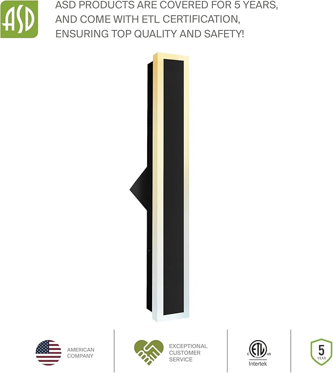 ASD LED 24" Long Wall Mount Light Fixture, Outdoor & Indoor Linear Sconce | 3CCT, Dimmable, Waterproof, Anti-Rust, ETL Listed | 24W 2000LM 3000-5000K 100-277V | Exterior Porch Lighting | Black, 2 Pack