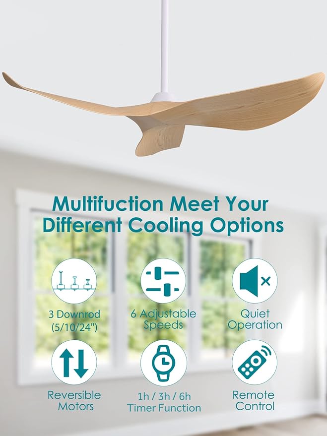 Sofucor Ceiling Fan no Lights, 52 Inch Low Profile Flush Mount Mordern Ceiling Fan with Remote for Indoor Farmhouse Bedroom Living Room Outdoor Patio Porch, Reversible DC Motor, Noiseless