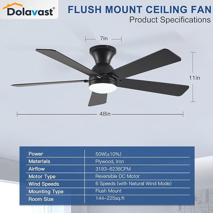 Ceiling Fans with Lights and Remote, 48 Inch Ceiling Fan with Light, Low Profile Reversible Fandelier Ceiling Fan, Dimmable LED, Flush Mount, Quiet DC Motor, for Bedroom Kitchen Dining Room
