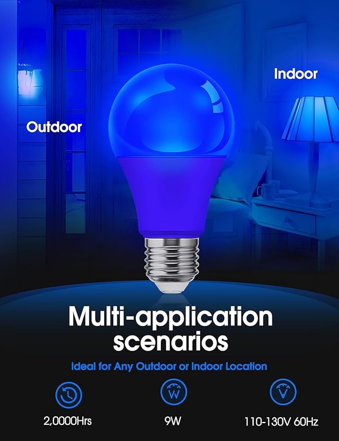 L LOHAS LED Blue Light Bulbs, 9W (60W Equivalent) A19 E26 Base, Non-Dimmable, Vibrant Blue Light for Christmas Indoor Decor, Party, Holiday Lighting, 4 Pack