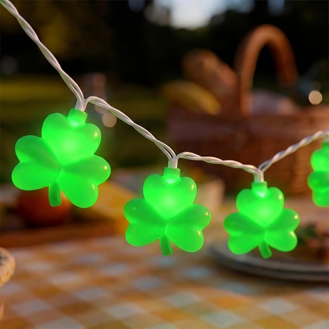 Shamrock String Lights, 8.5Ft St Patrick's Day Decorations with 10 LED Solid Green Clover Lights, Plug in Clover Fairy String Lights for Party Bar Garden Bedroom Party Irish Holiday Decor