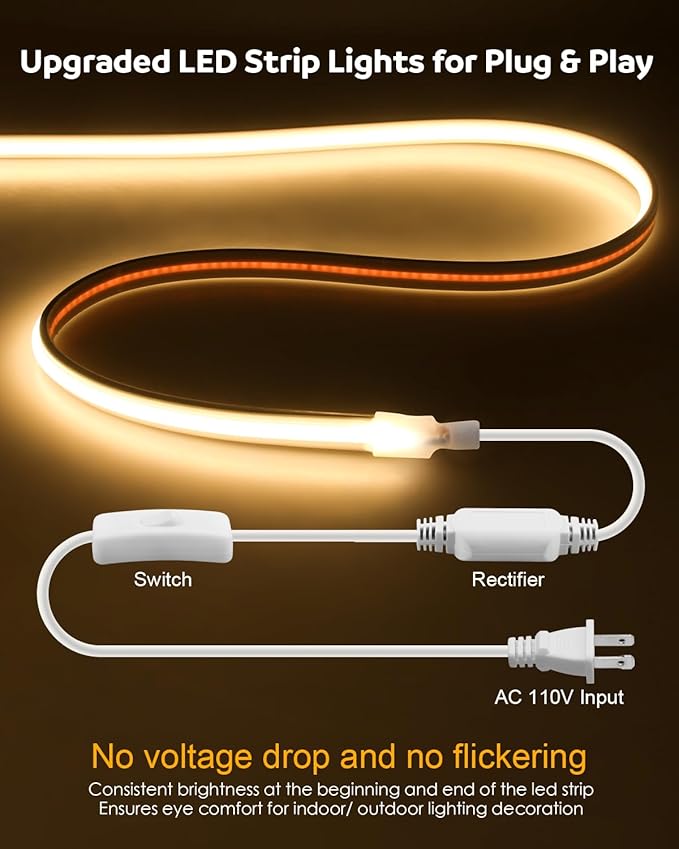Aclorol AC 110V COB LED Strip Lights Warm White for Bedroom 16.4ft 3000K 120V Plug in LED Rope Lights Outdoor Waterproof IP68 Flexible High Density COB LED Tape Lights for Patio Garden Decor 288led/M
