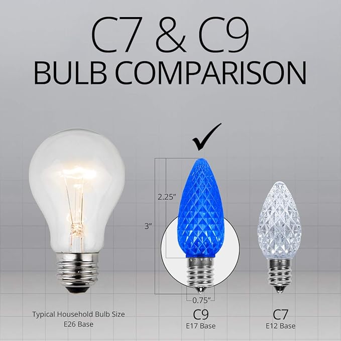 Wintergreen Lighting OptiCore 50 Lights, 50 ft Blue/Cool White C9 LED Christmas Lights Outdoor – Commercial-Grade, Parallel Wired, Customizable, Energy Efficient, 18 Gauge, IP67