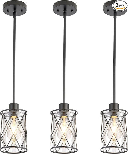 Refice Glass Pendant Lights Kitchen Island, Black Kitchen Hanging Light with Clear Glass, Farmhouse Cage Mini Pendant Lighting for Sink Dining Room Bedroom Bar, 3 Pack