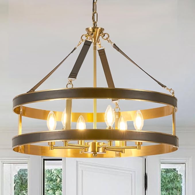 Farmhouse Ceiling Chandelier,24 Inch Antique Bronze Aluminum Black Leather Belt Trim Modern Rustic Hanging Pendant Ceiling Light Fixture for Living Room, Dining Room, Bedroom, Kitchen